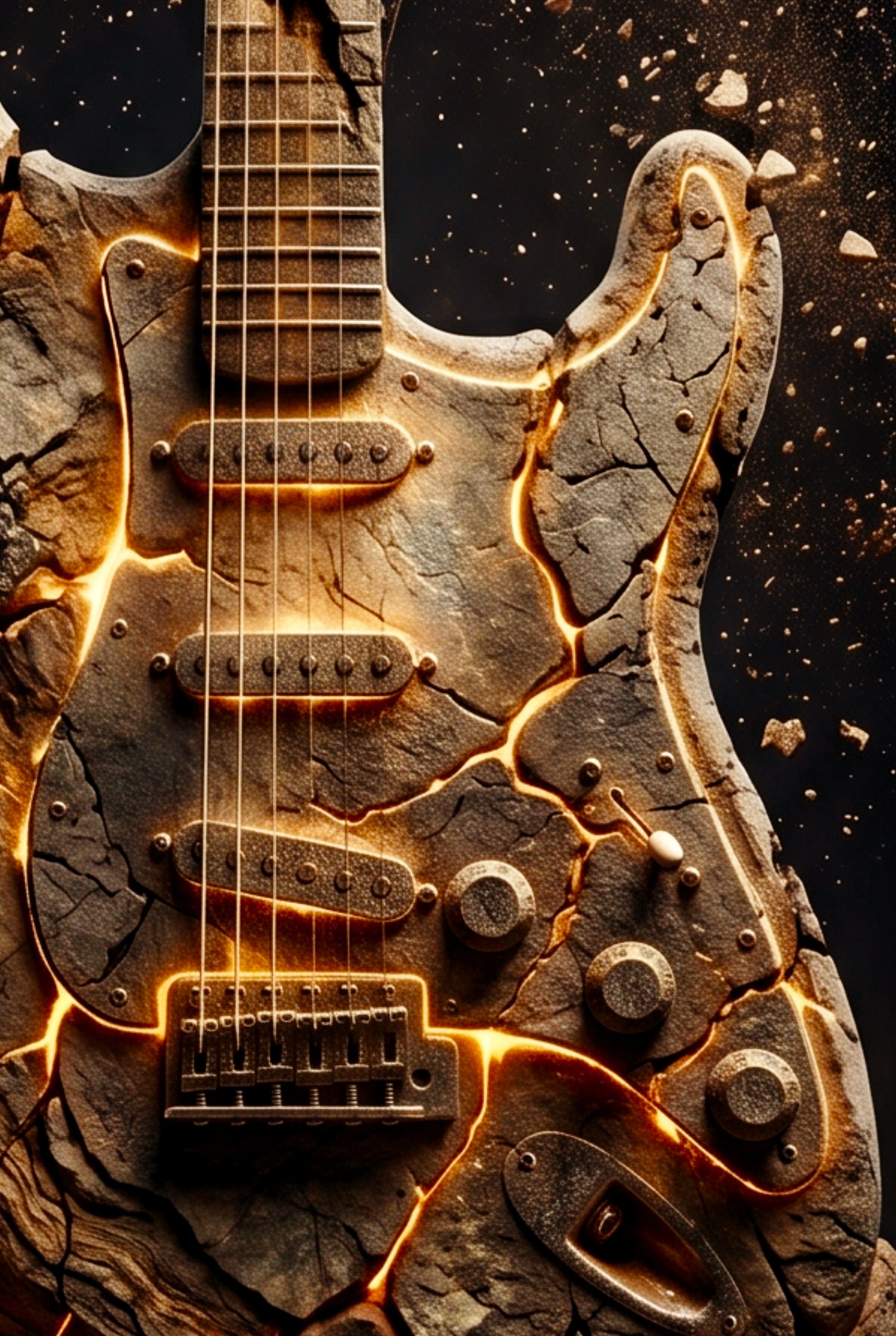 Close up of a lava-filled electric guitar with a dark background
