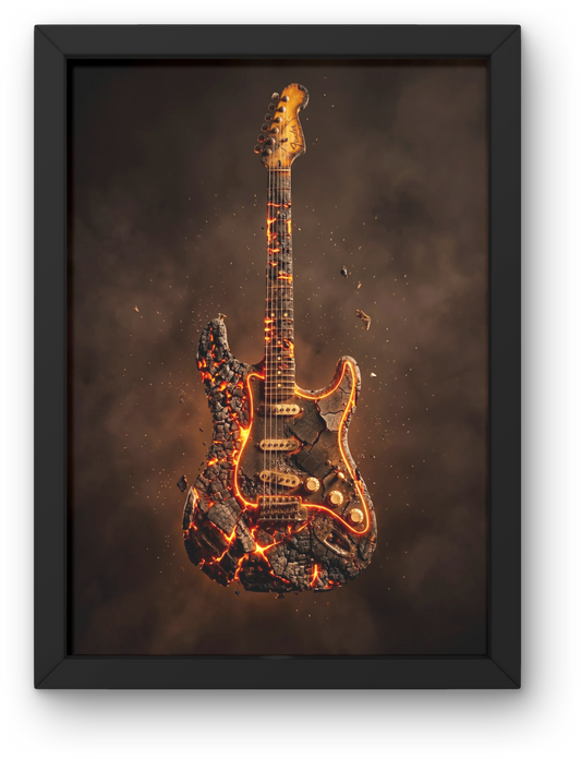 Framed artwork of a guitar with a fiery design on a dark background