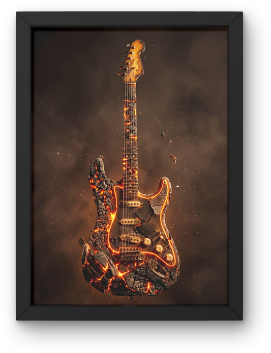 Framed artwork of a Fender Stratocaster guitar with a fiery design on a dark background