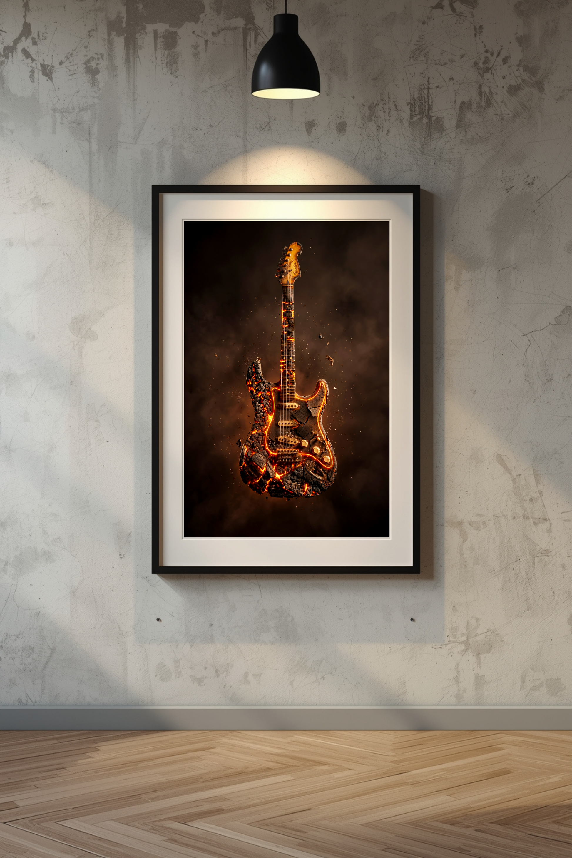 Framed artwork of a fiery guitar on a textured wall.