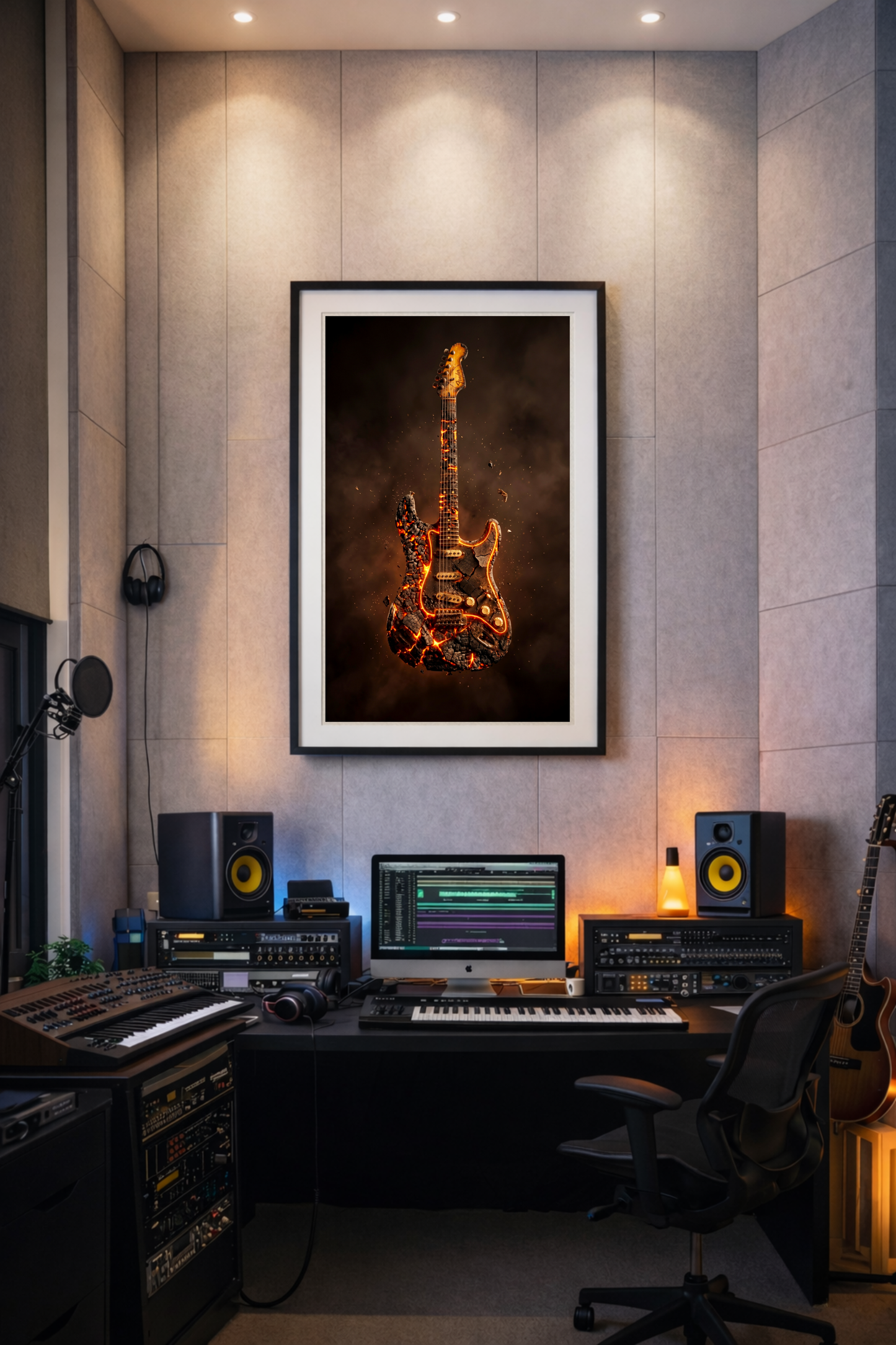 Home studio with musical equipment and a framed guitar artwork on the wall.