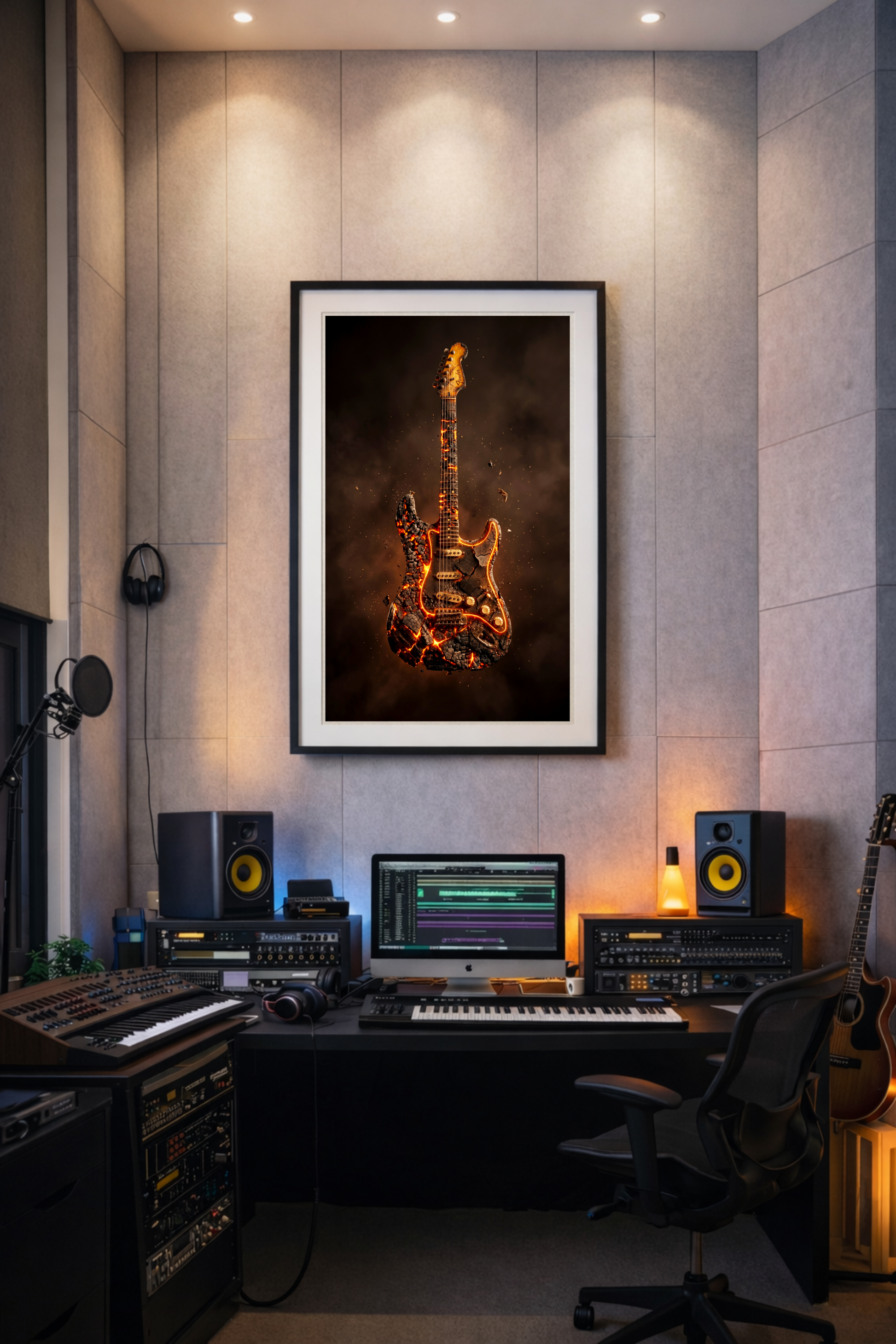 Home studio with musical equipment and a framed guitar artwork on the wall.