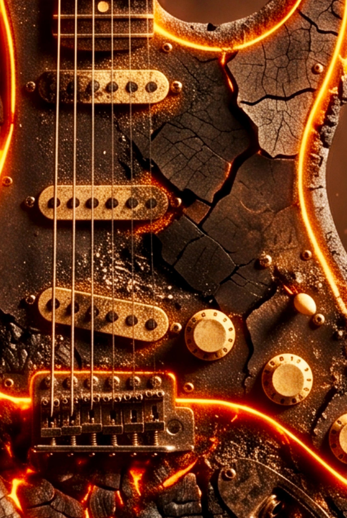 Close-up of a guitar with fiery effects and cracked surface