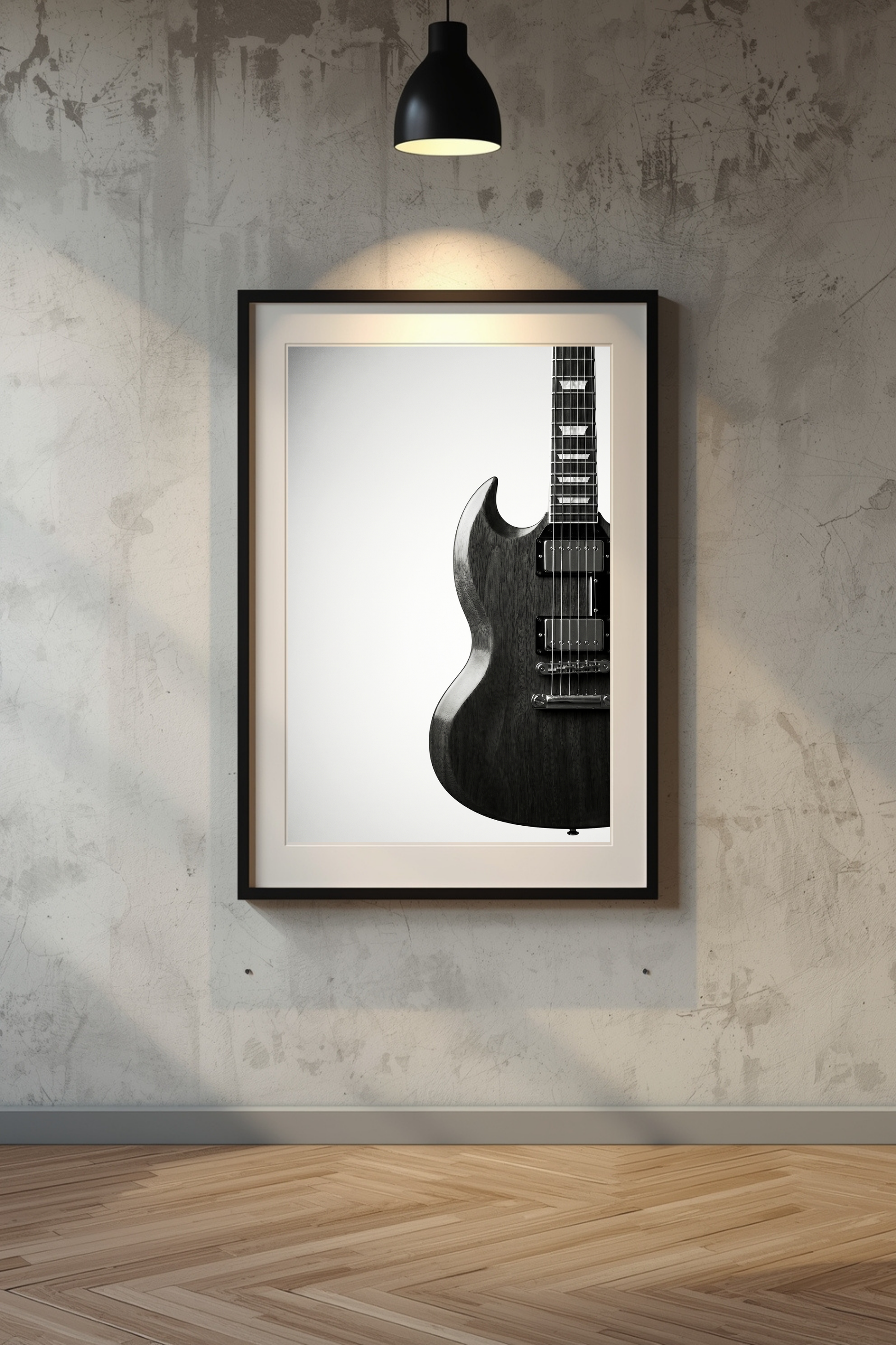 Framed black and white gibson SG electric guitar silhouette on a textured wall with a lamp.