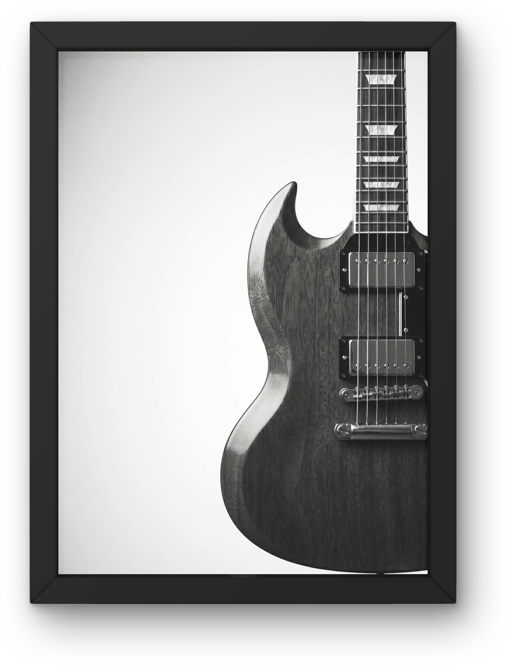 Framed black and white photograph of a gibson SG guitar on a white background