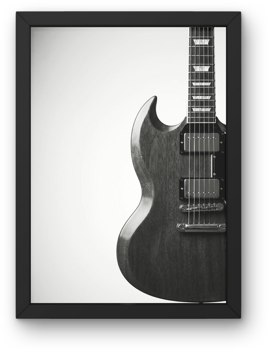 Framed black and white photograph of a gibson SG guitar on a white background