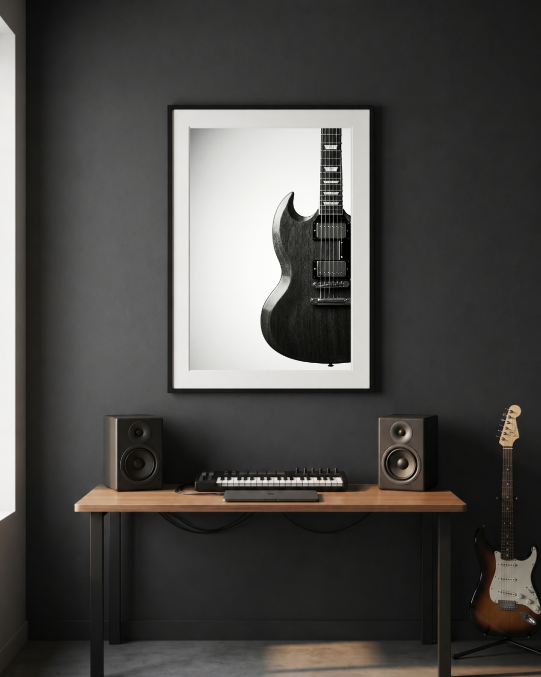 Framed black and white guitar art print on a dark wall above a desk with speakers and a keyboard.