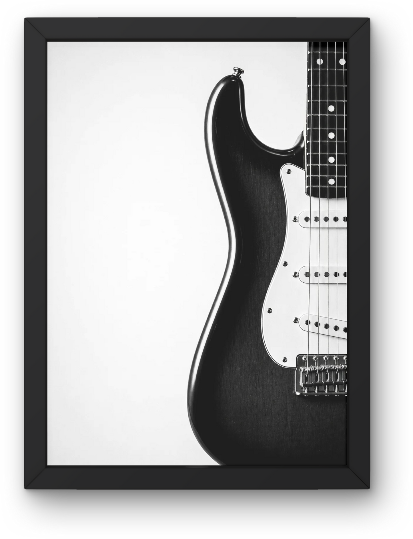 Black and white Stratocaster style guitar print with close-up body and minimalist composition