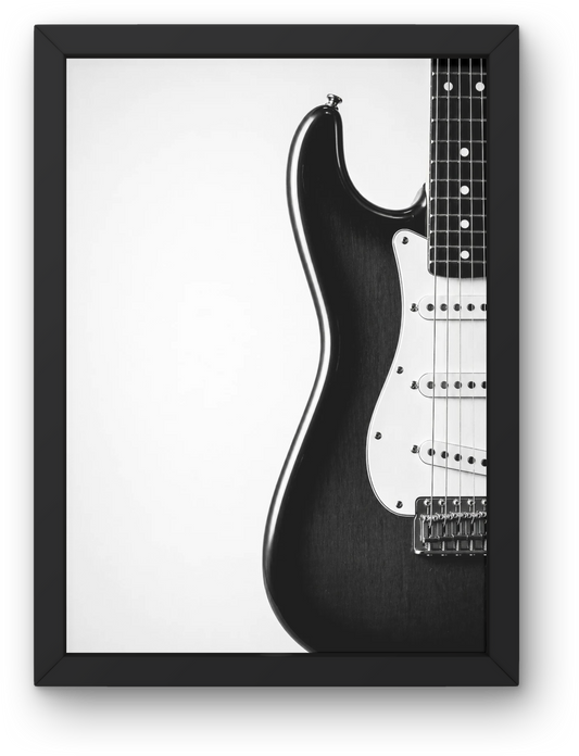 Black and white Stratocaster style guitar print with close-up body and minimalist composition