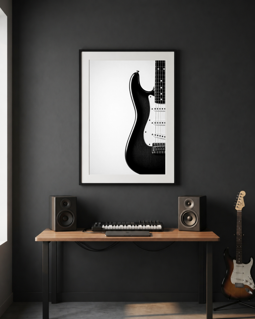 Framed black and white Stratocaster guitar art print on a dark wall above a desk with speakers and a keyboard.