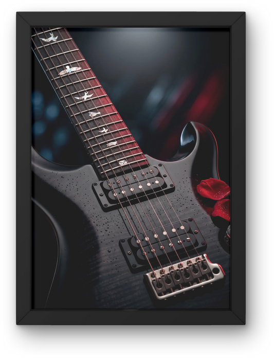 Framed artwork of a prs custom 24 electric guitar with red accents on a dark background