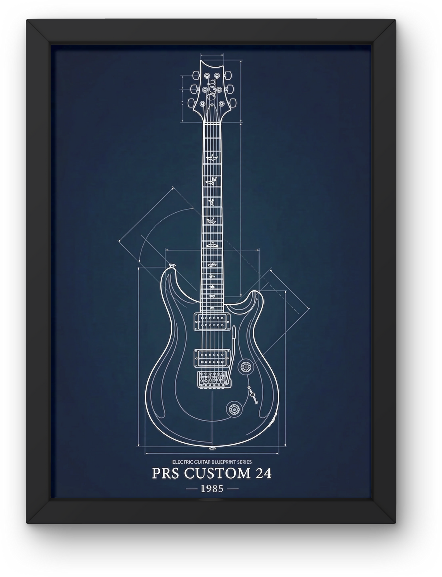 Framed blueprint of a PRS Custom 24 electric guitar on a blue background