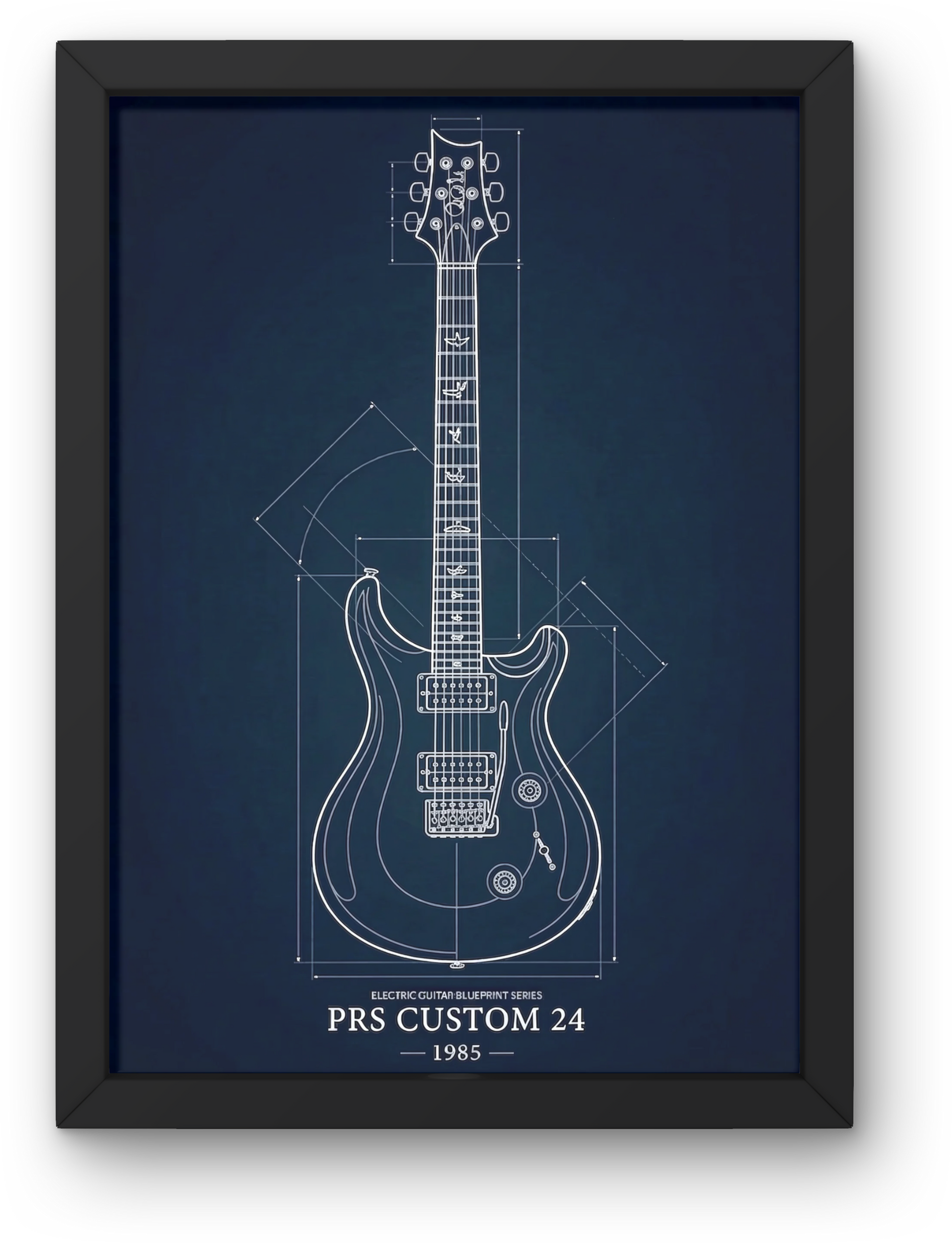 Framed blueprint of a PRS Custom 24 electric guitar on a blue background