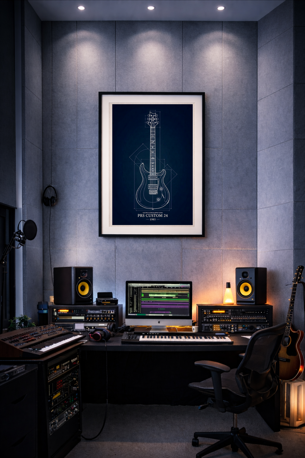 Home studio setup with musical instruments and equipment on a gray wall.