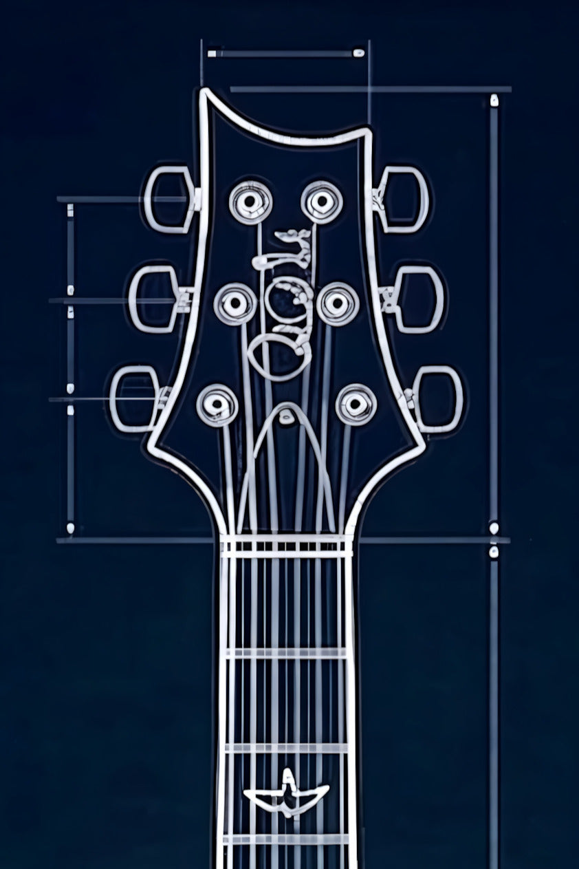 Technical drawing of a guitar neck and headstock on a dark blue background