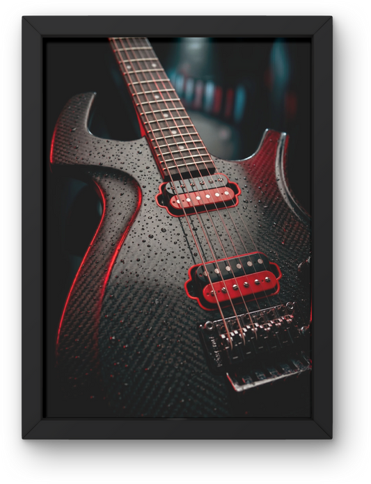 Framed artwork of a parker fly guitar with a black and red design.
