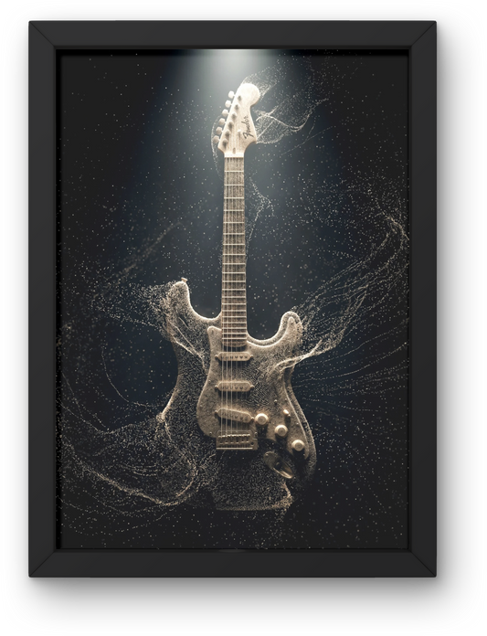 Framed artwork of a guitar in particles on a dark background