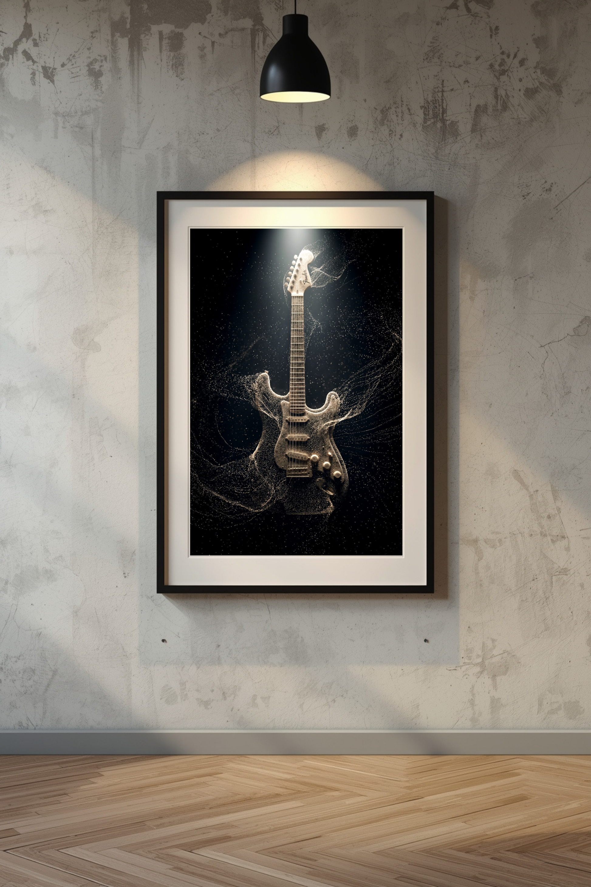 Framed artwork of a guitar in particles on a textured wall with a light fixture.