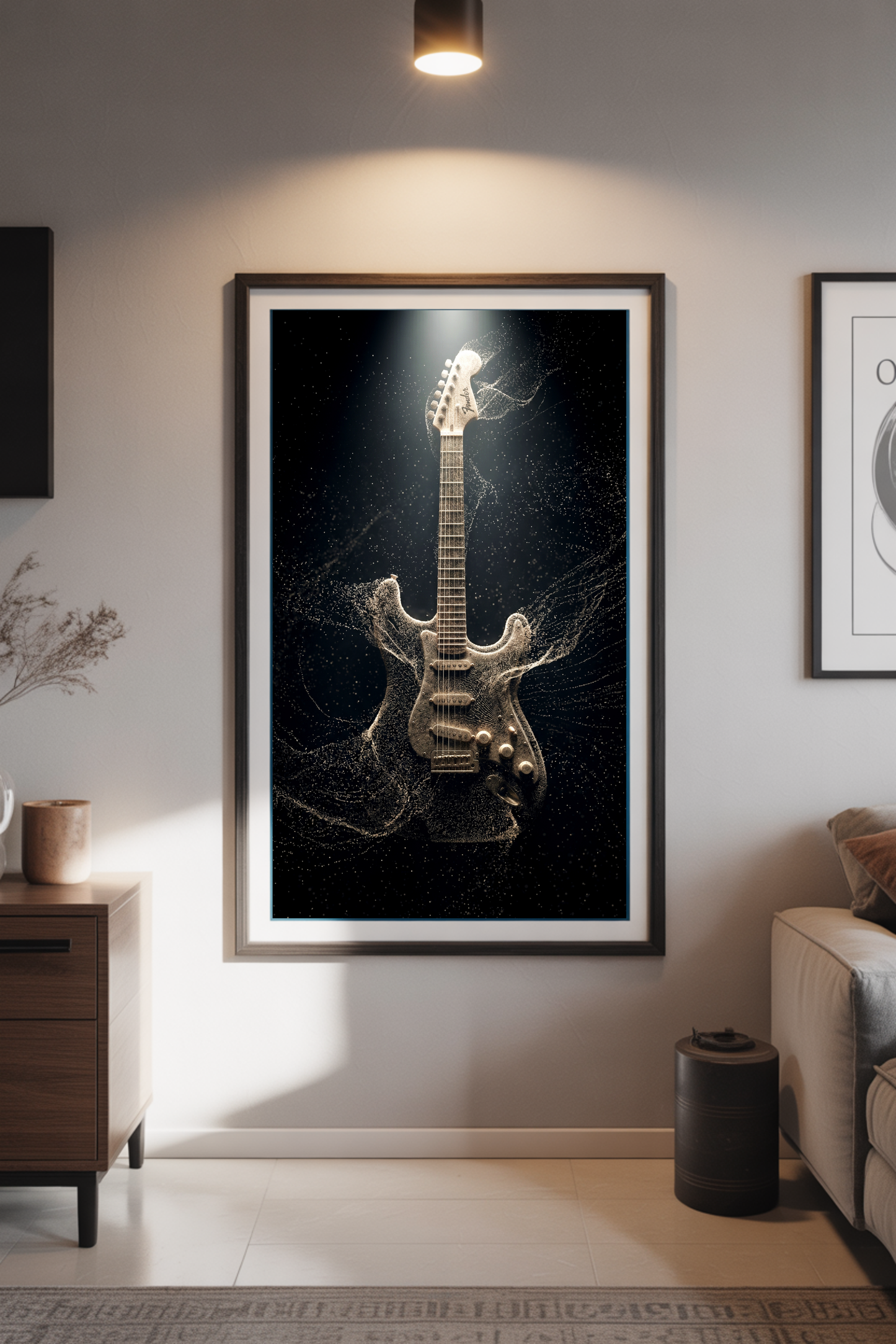 Framed artwork of a guitar in particles on a wall in a living room setting