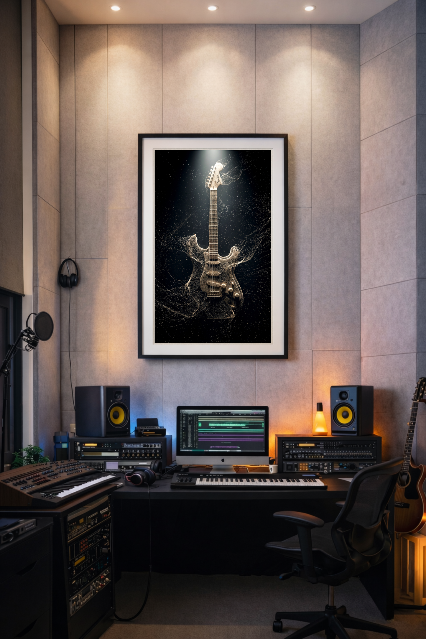 Home studio setup with musical instruments and equipment on a tiled wall with a framed guitar poster in particles.