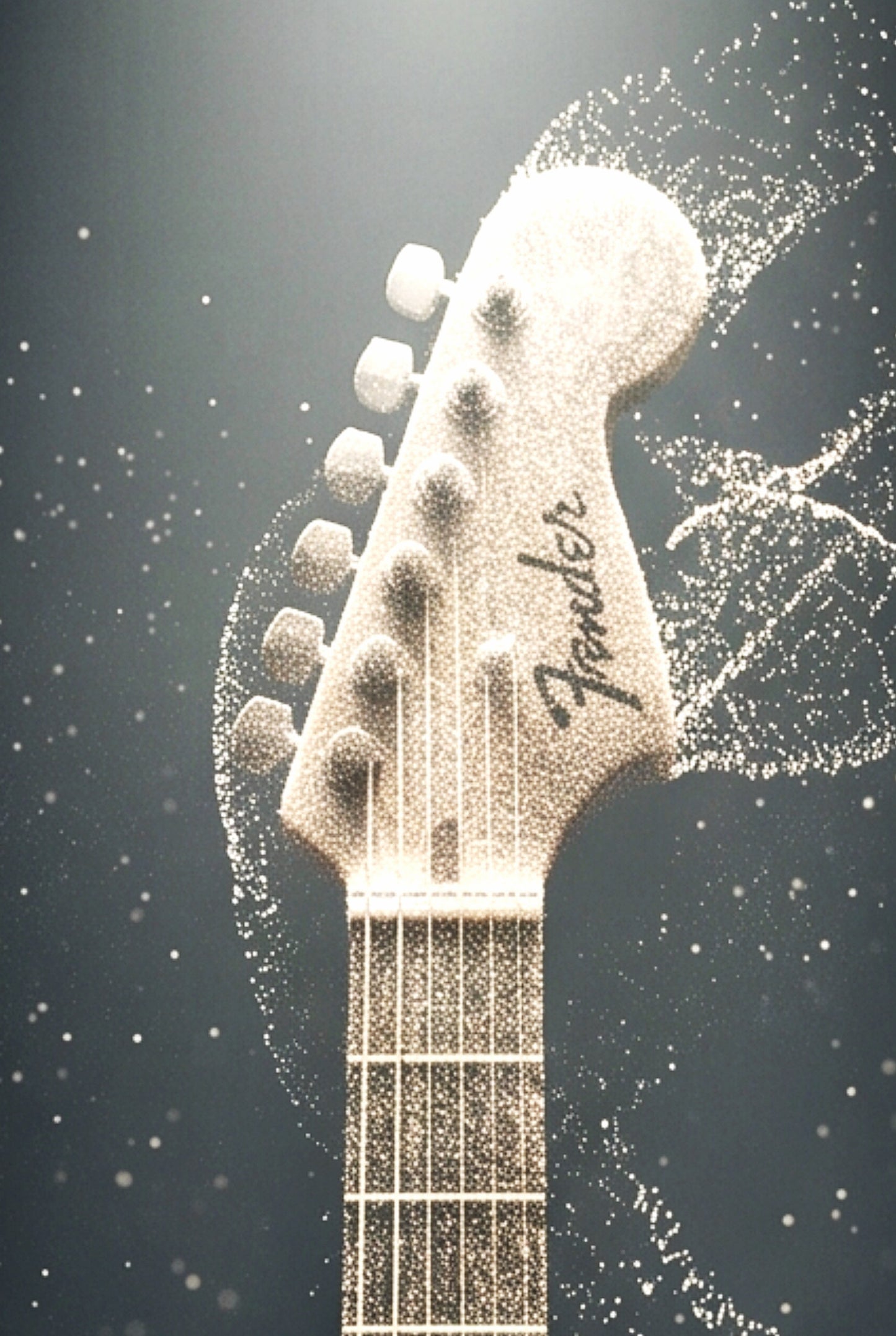 Fender guitar headstock with particle effect on a dark background
