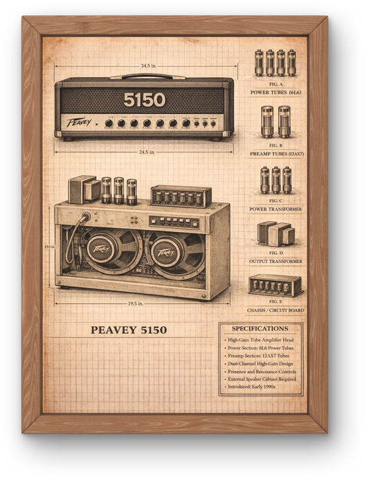 Framed poster of a Peavey 5150 amplifier design on graph paper background
