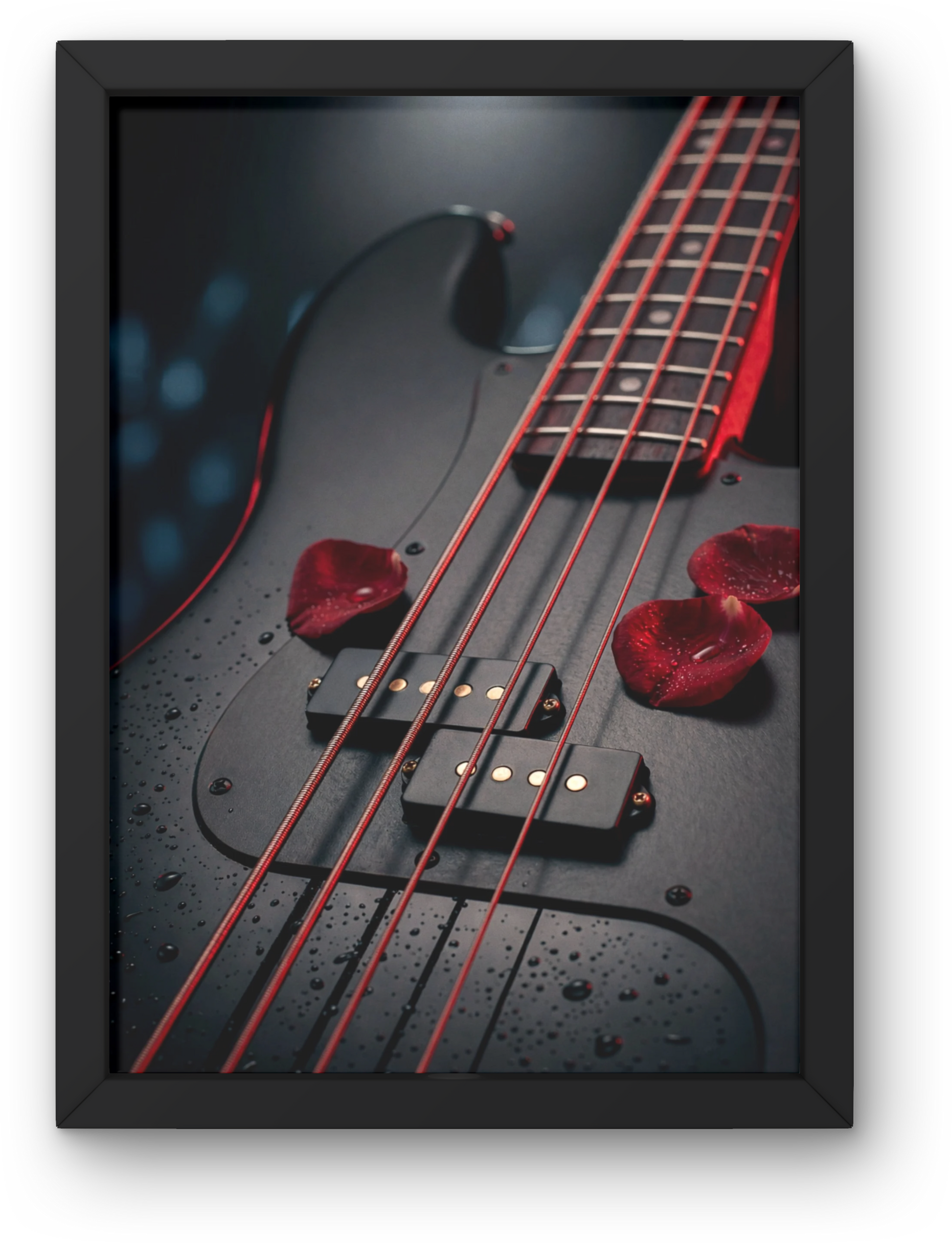 Framed artwork of a bass guitar with red strings on a dark background
