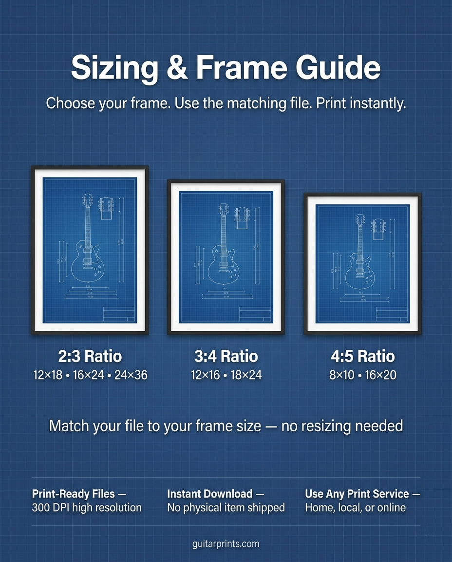 Guitar blueprint frames with ratio options on a blue background