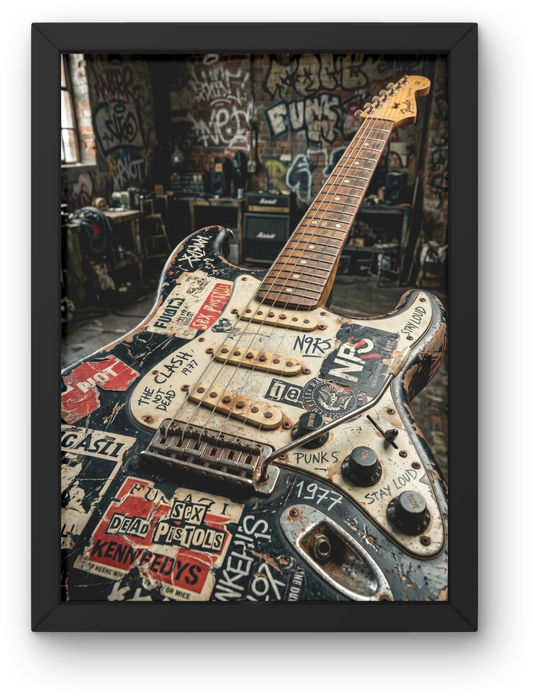 Framed guitar with stickers in a room with graffiti on the walls
