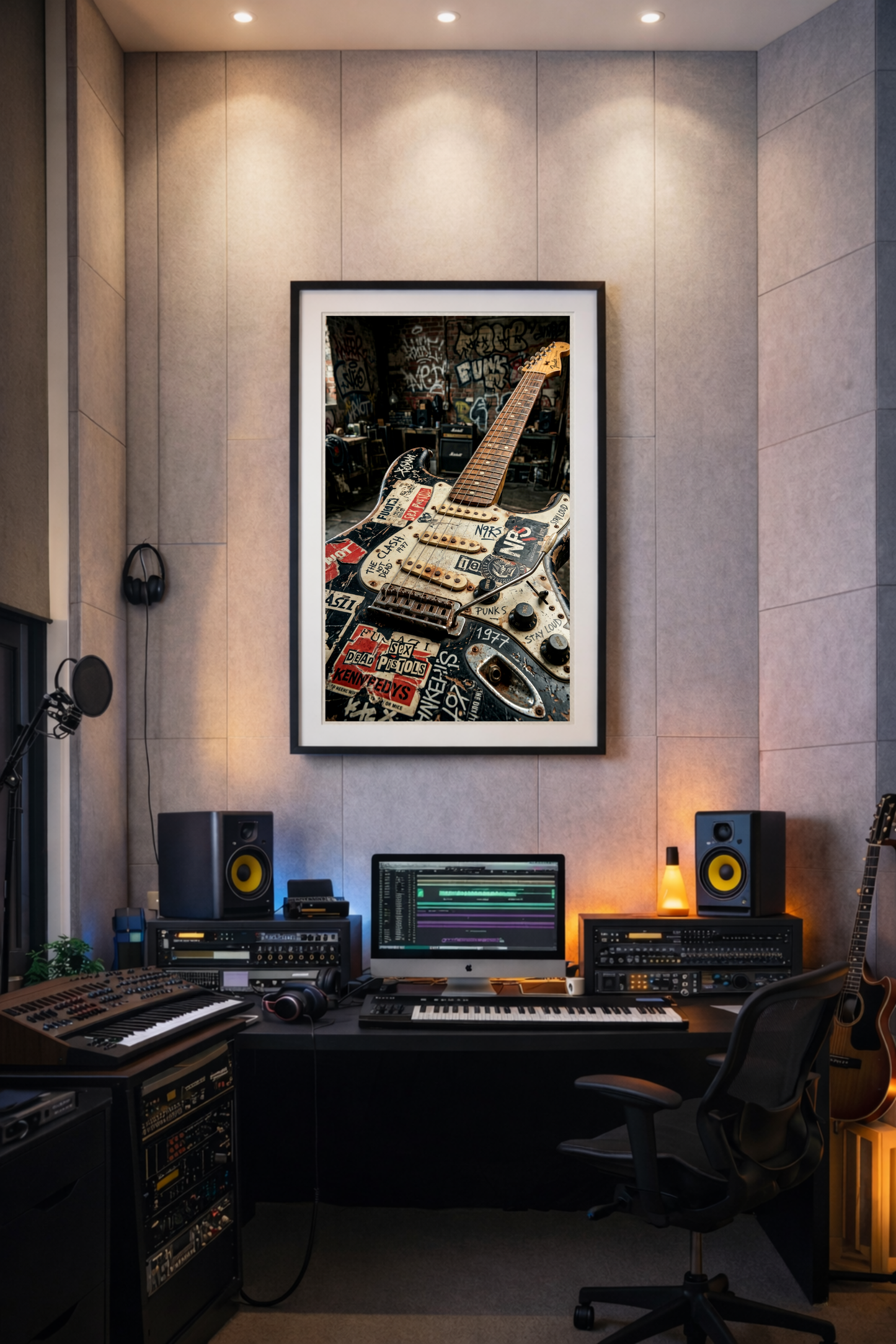 Home studio setup with music equipment and framed guitar picture on the wall.