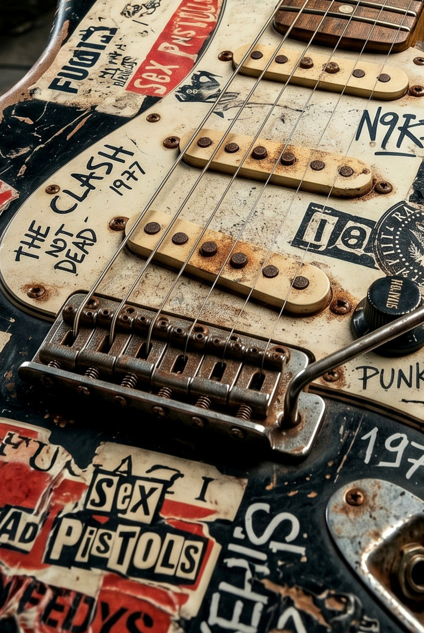 Fender Stratocaster guitar with visible wear and patches of graffiti