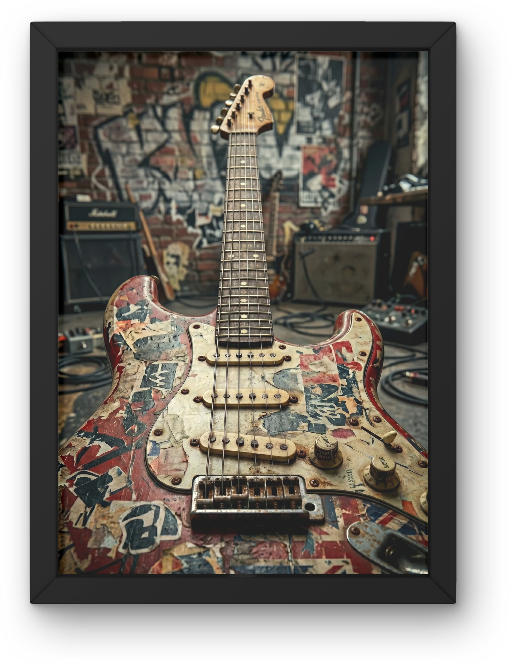 Framed relic'd guitar in a music-themed room.
