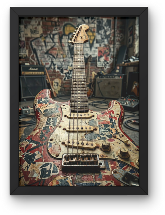 Framed relic'd guitar in a music-themed room.