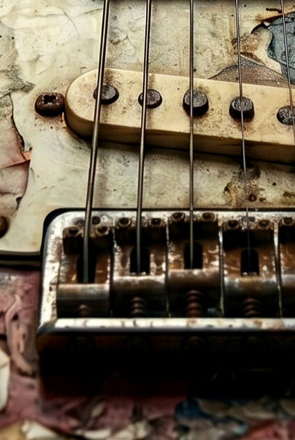 Close-up of a guitar's bridge and strings with a worn, textured background.