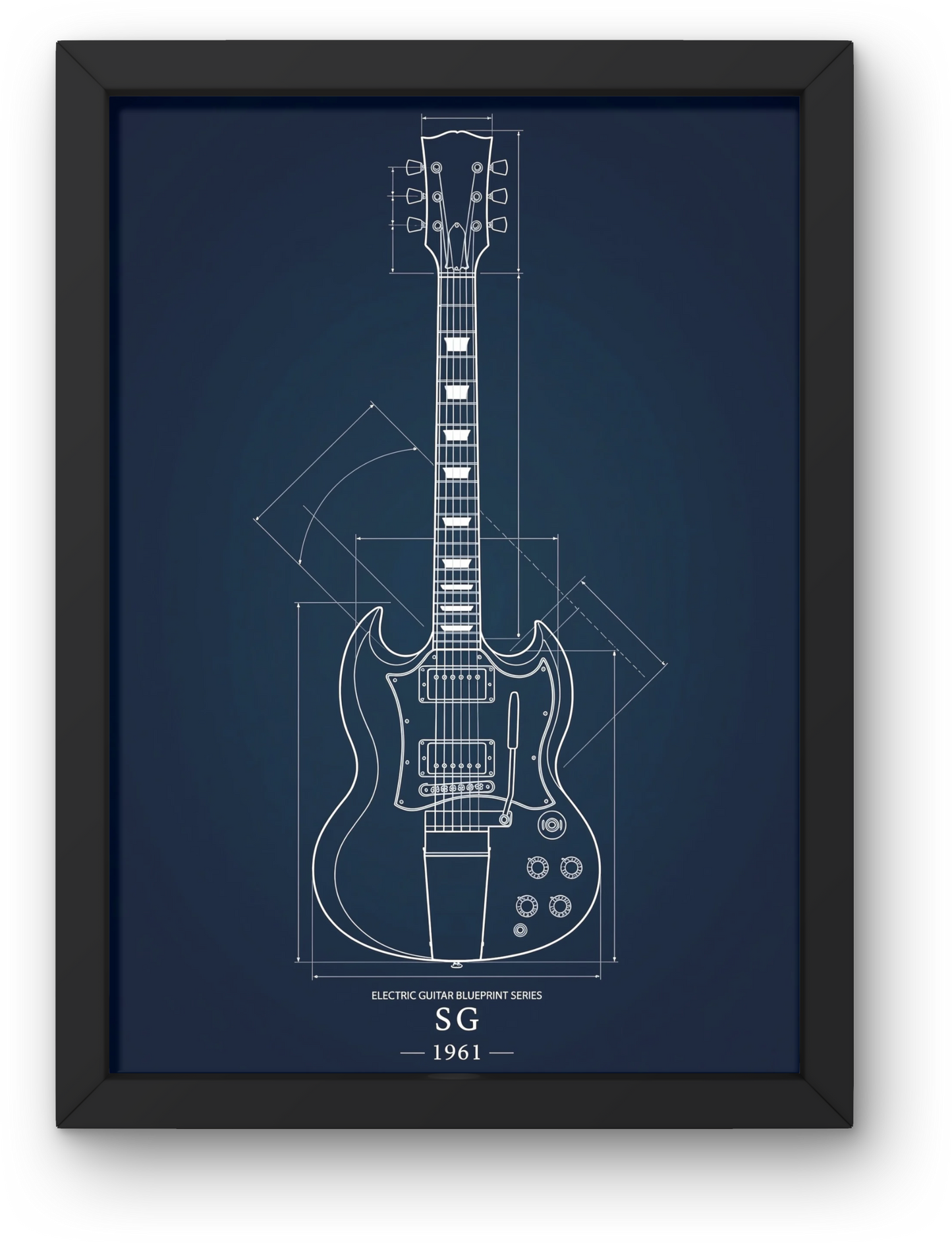 Framed blueprint of a SG electric guitar on a navy background