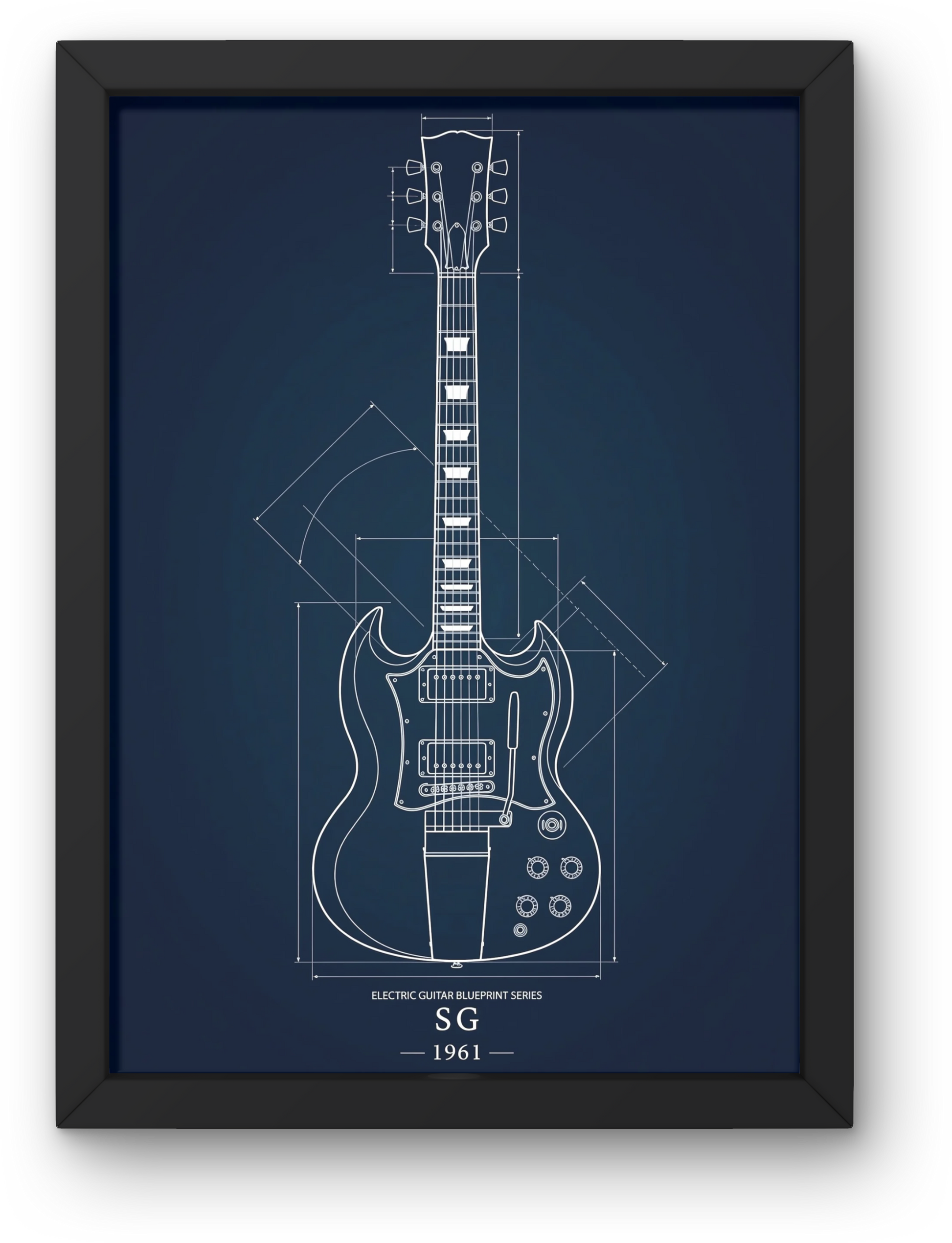 Framed blueprint of a SG electric guitar on a navy background