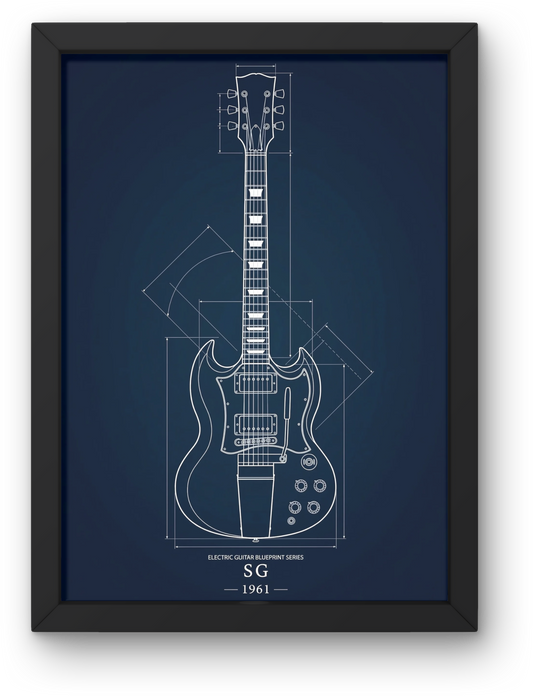 Framed blueprint of a SG electric guitar on a navy background