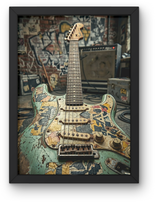 Framed relic'd guitar with a textured surface in a room with musical equipment