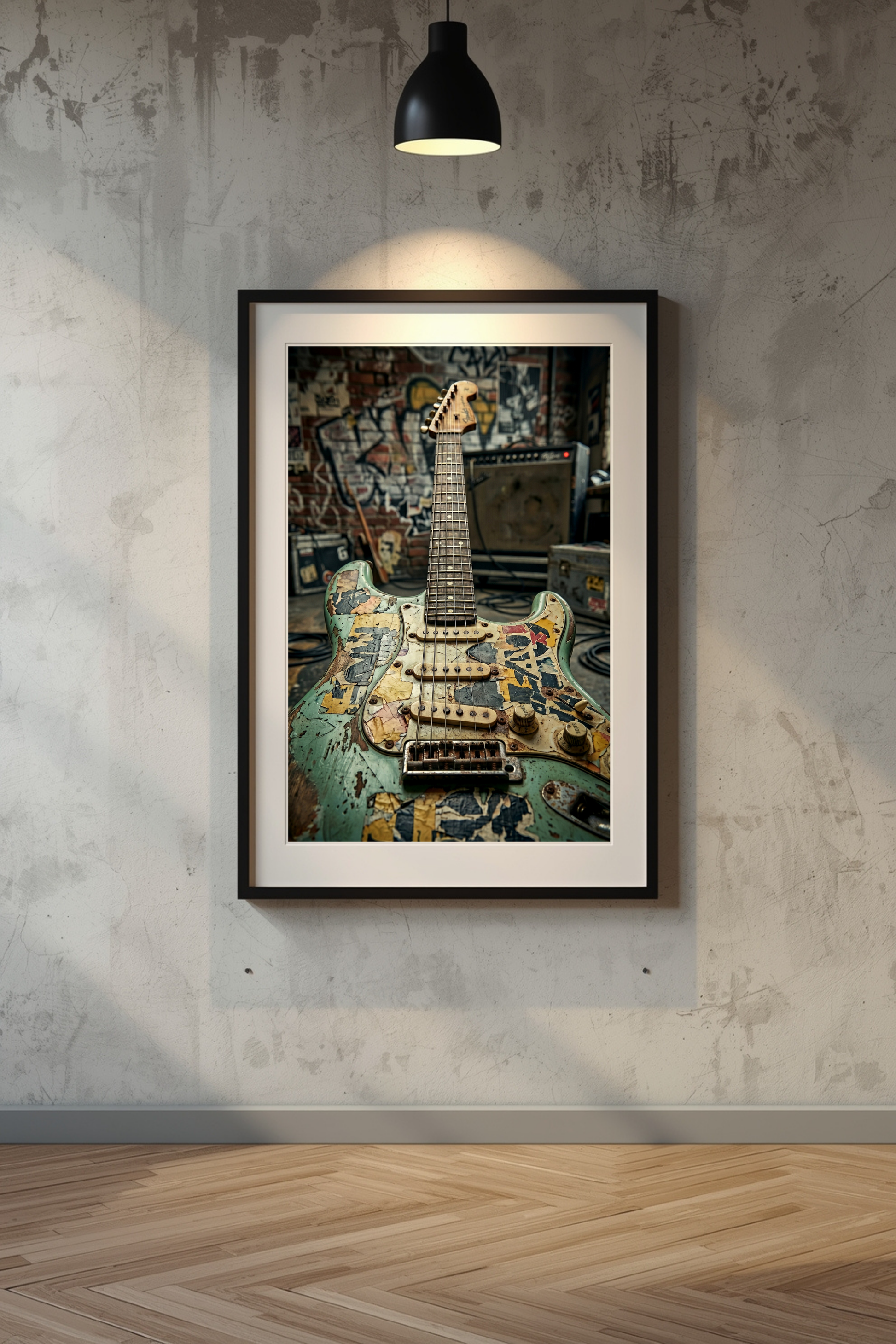 Framed artwork of a guitar on a textured wall with a lamp above.