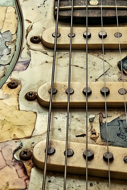 Close-up of a guitar's fretboard and strings with a worn, textured surface.