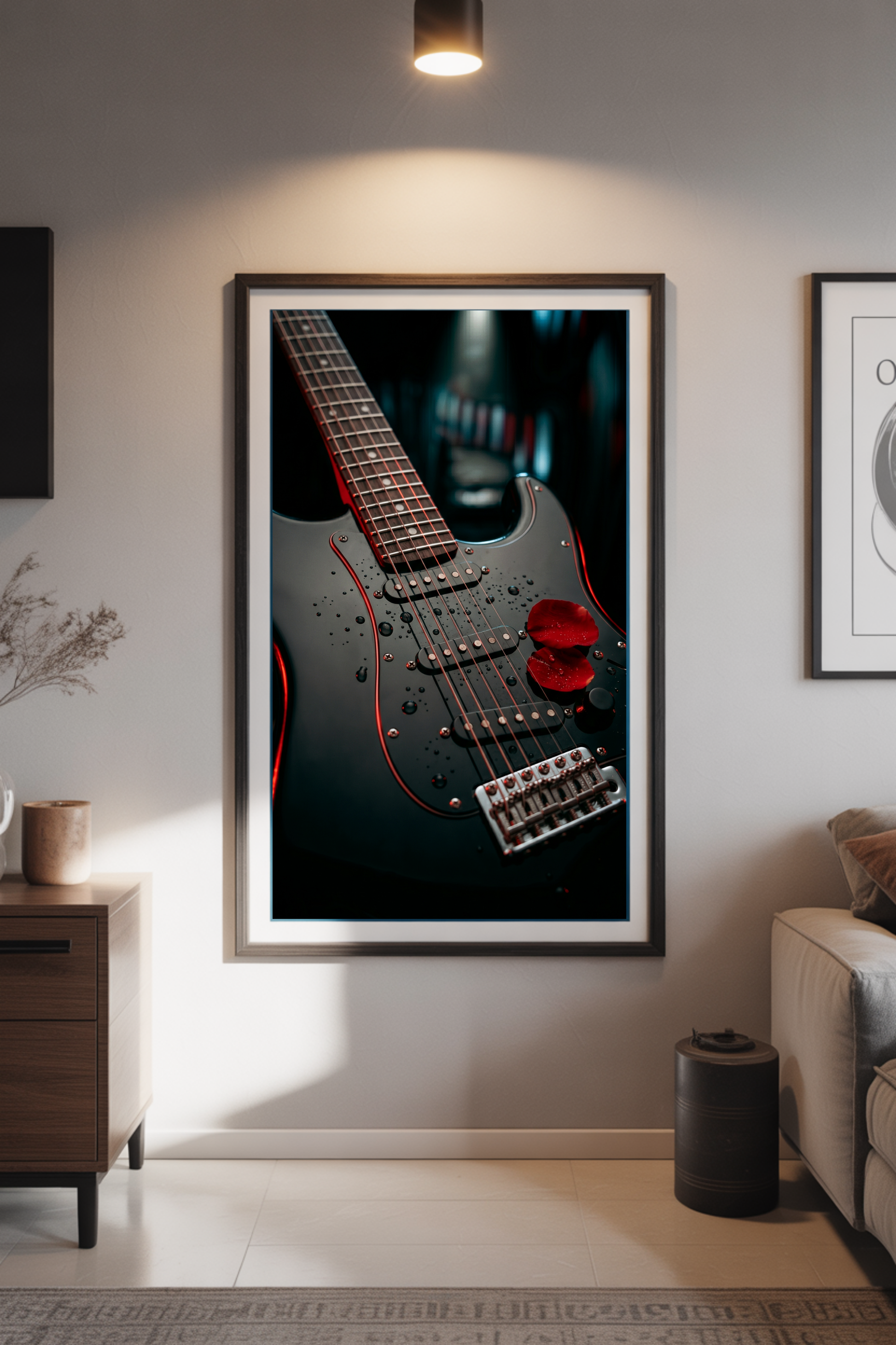 Framed fender strat guitar artwork on a wall in a living room setting