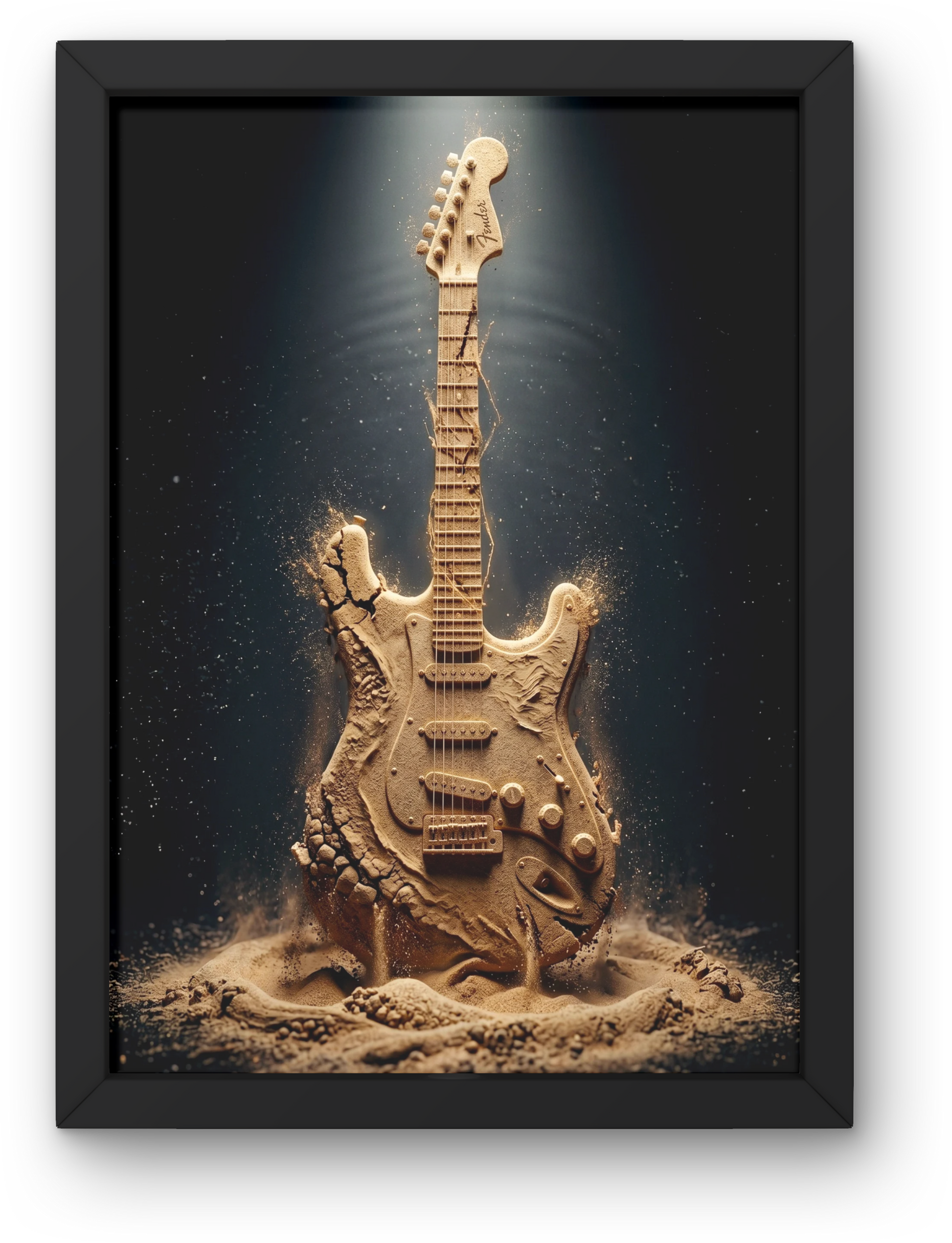 Framed artwork of a sand sculpture of an electric guitar on a dark background