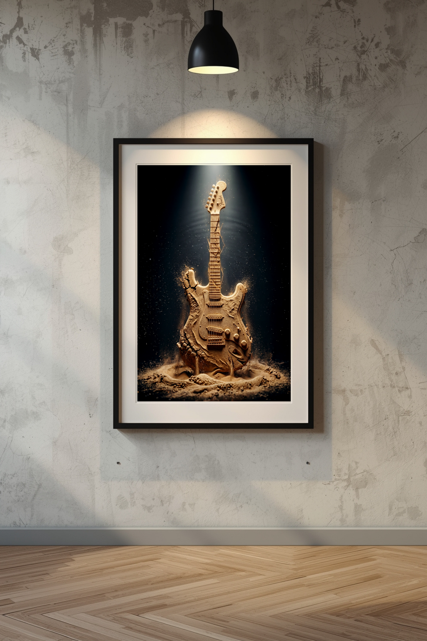 Framed artwork of a guitar on a textured wall with a light fixture.