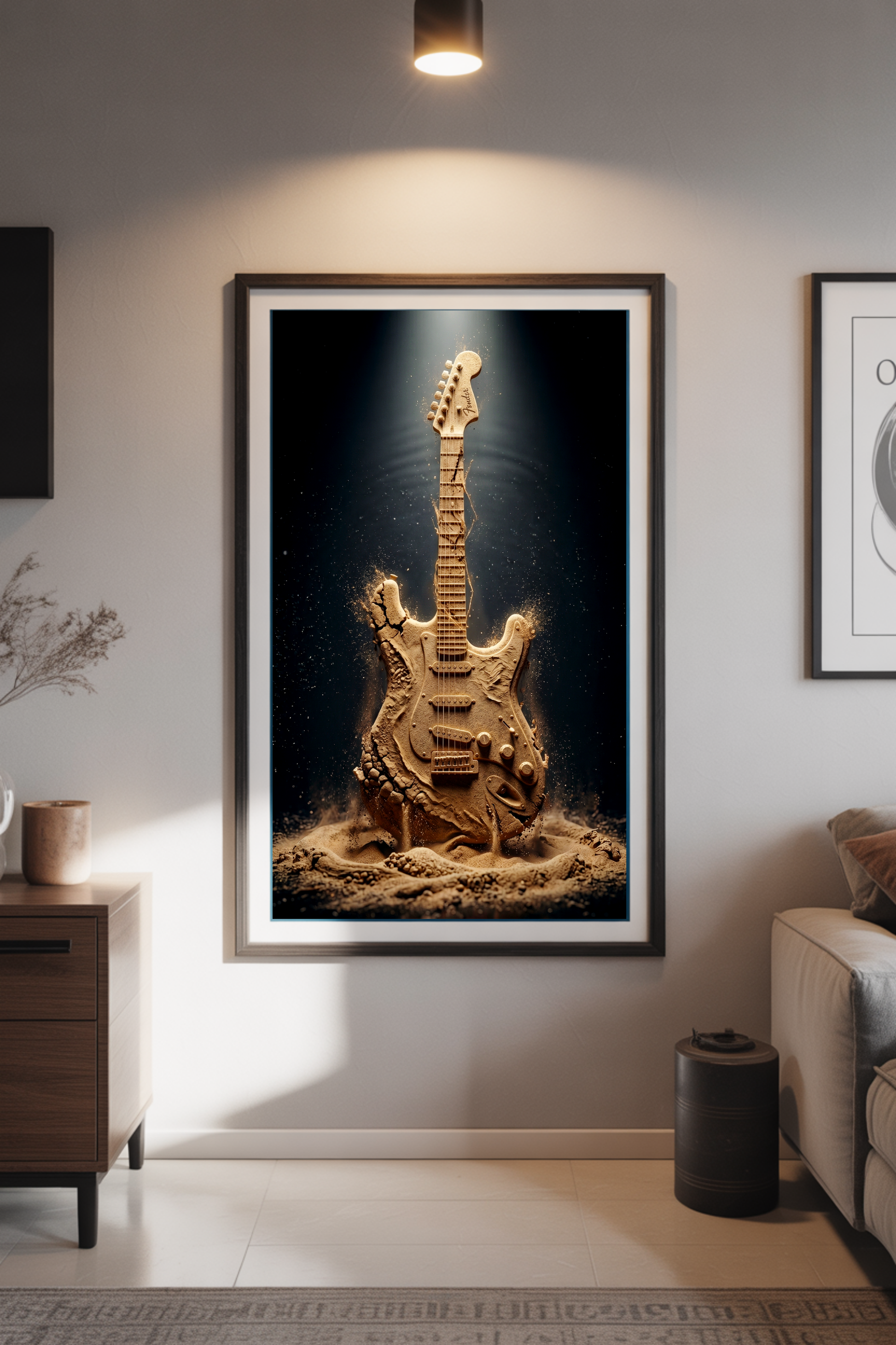 Framed artwork of a guitar on a wall in a living room setting