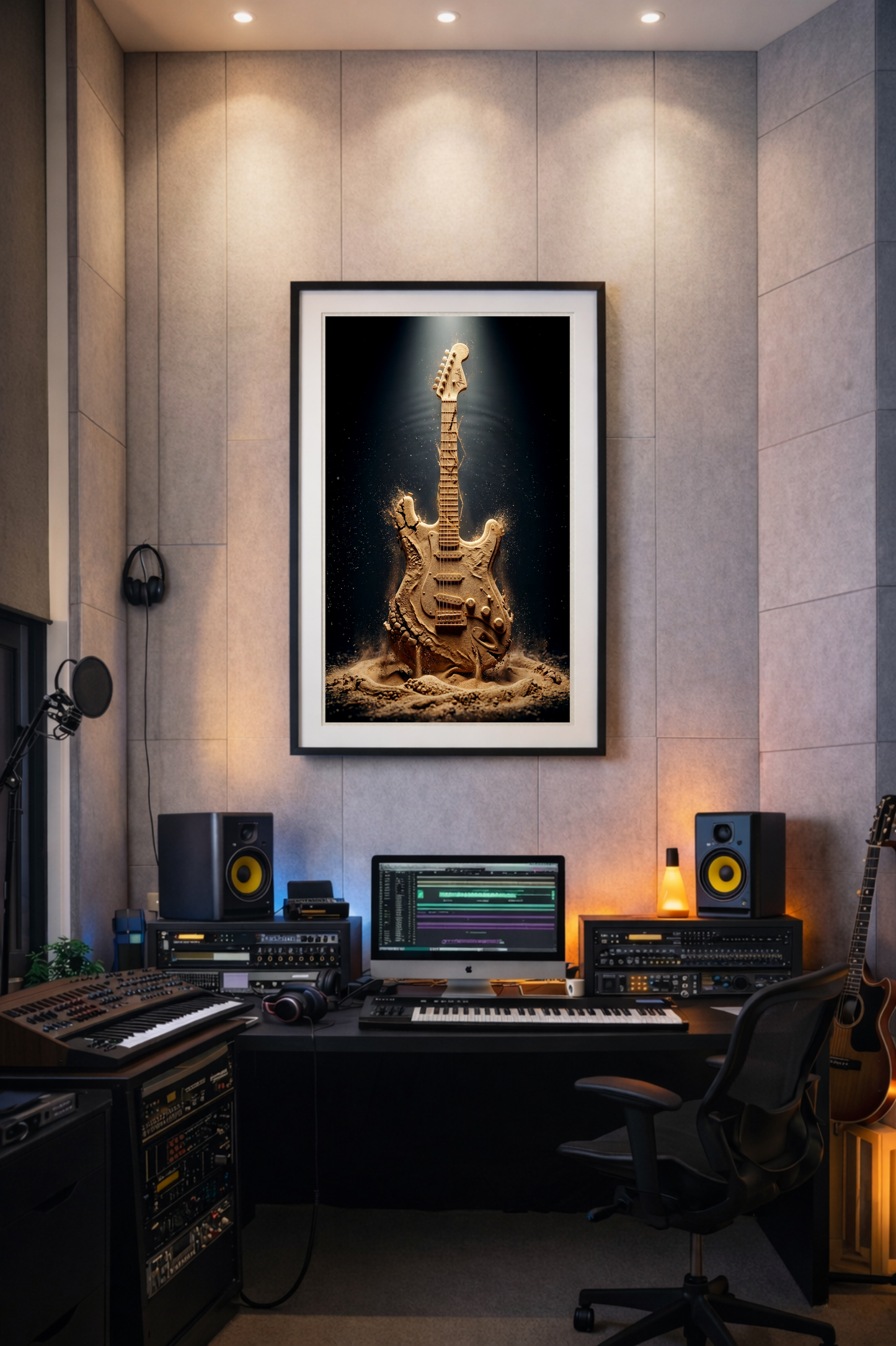 Home studio with musical equipment and framed guitar art on the wall.