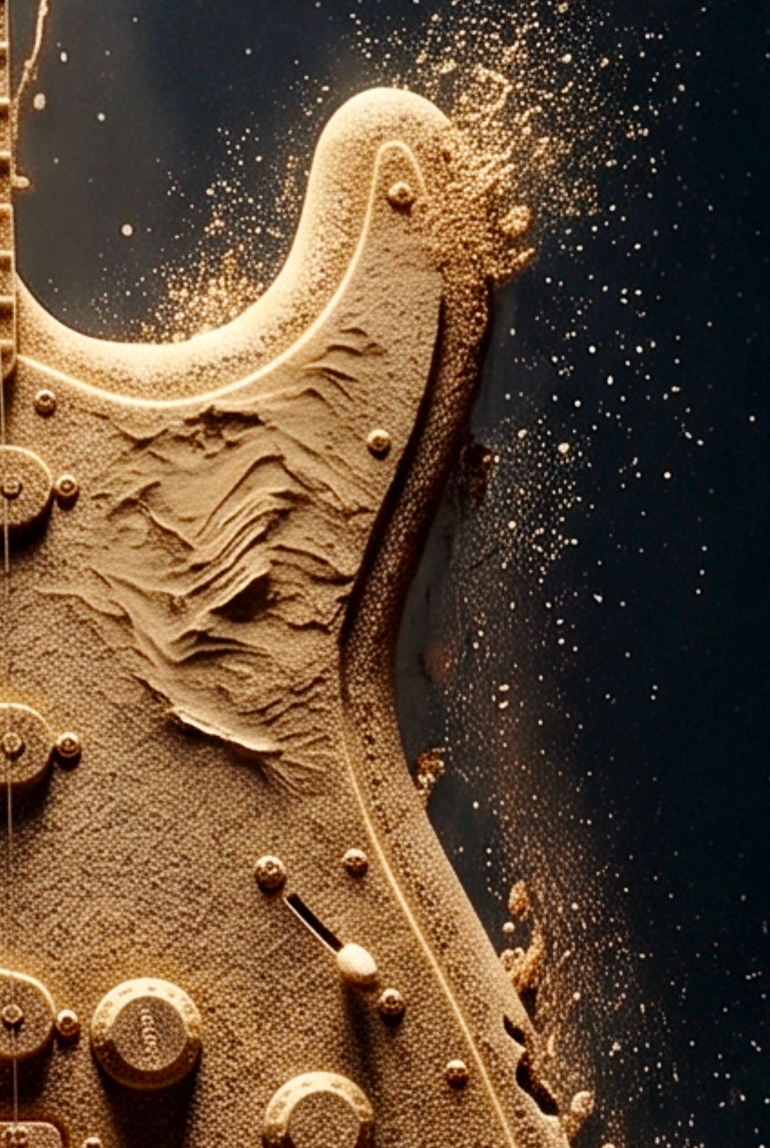 Close-up of a gold guitar with dust particles on a dark background