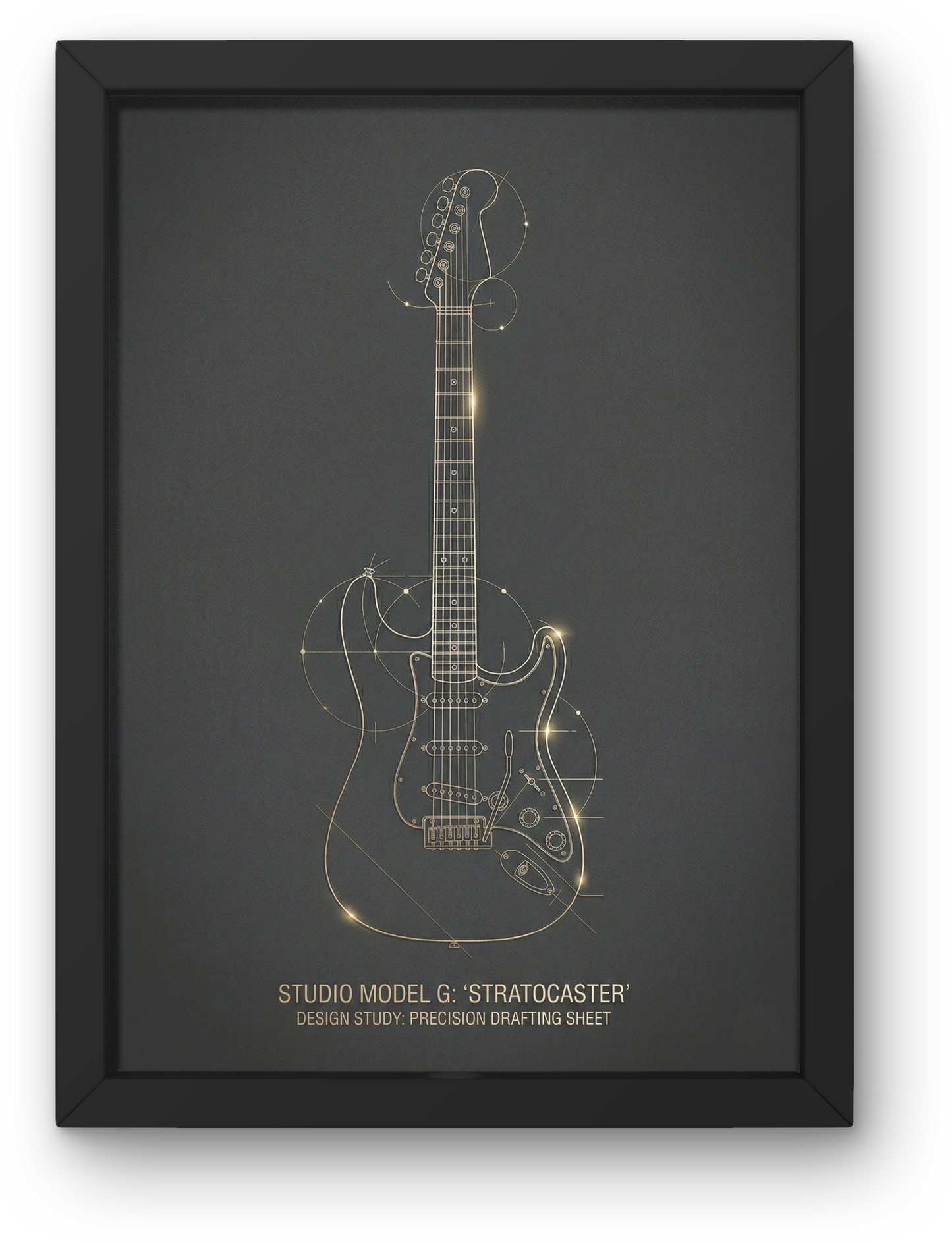 Framed poster of a Fender Stratocaster guitar design on a dark background