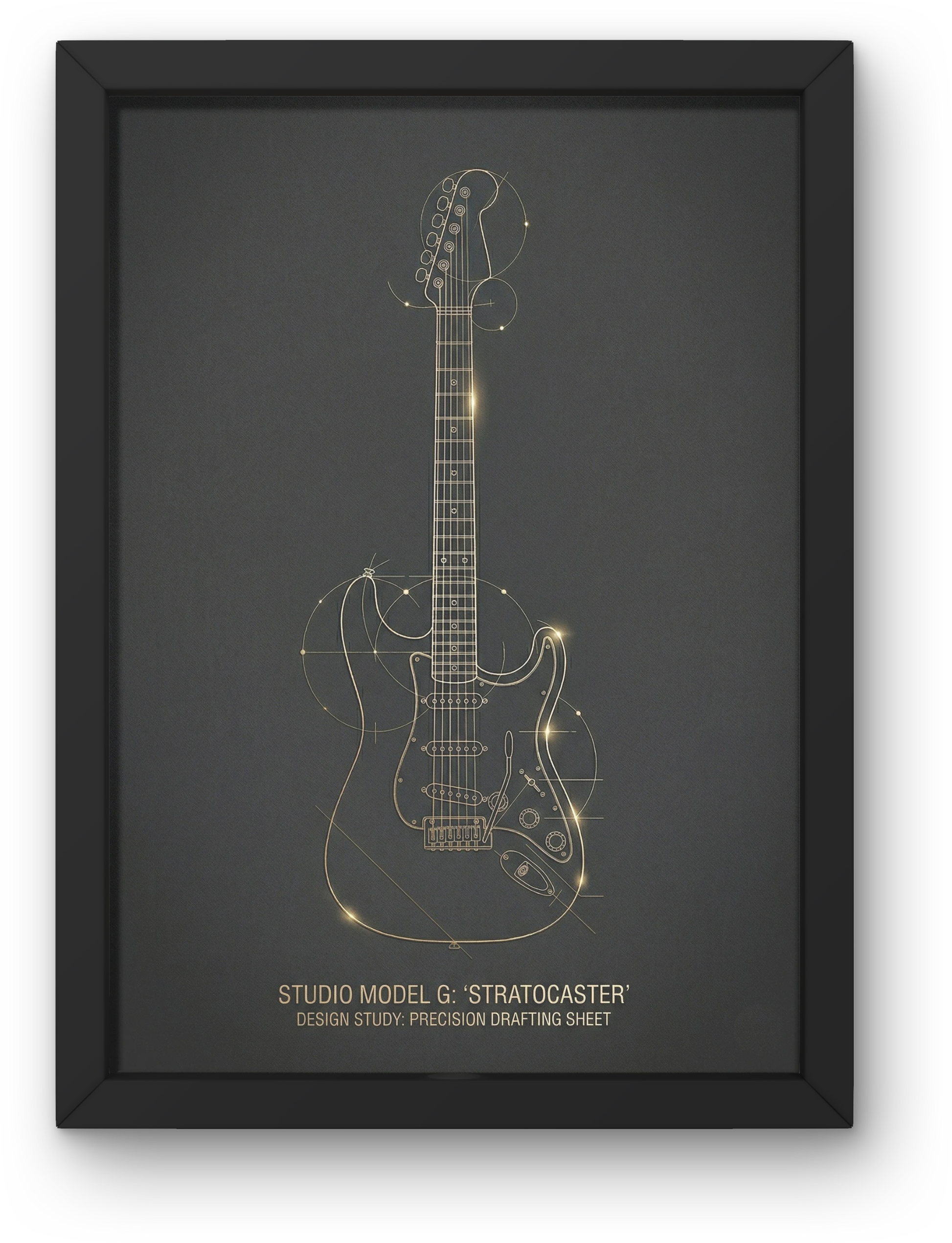 Framed poster of a Fender Stratocaster guitar design on a dark background