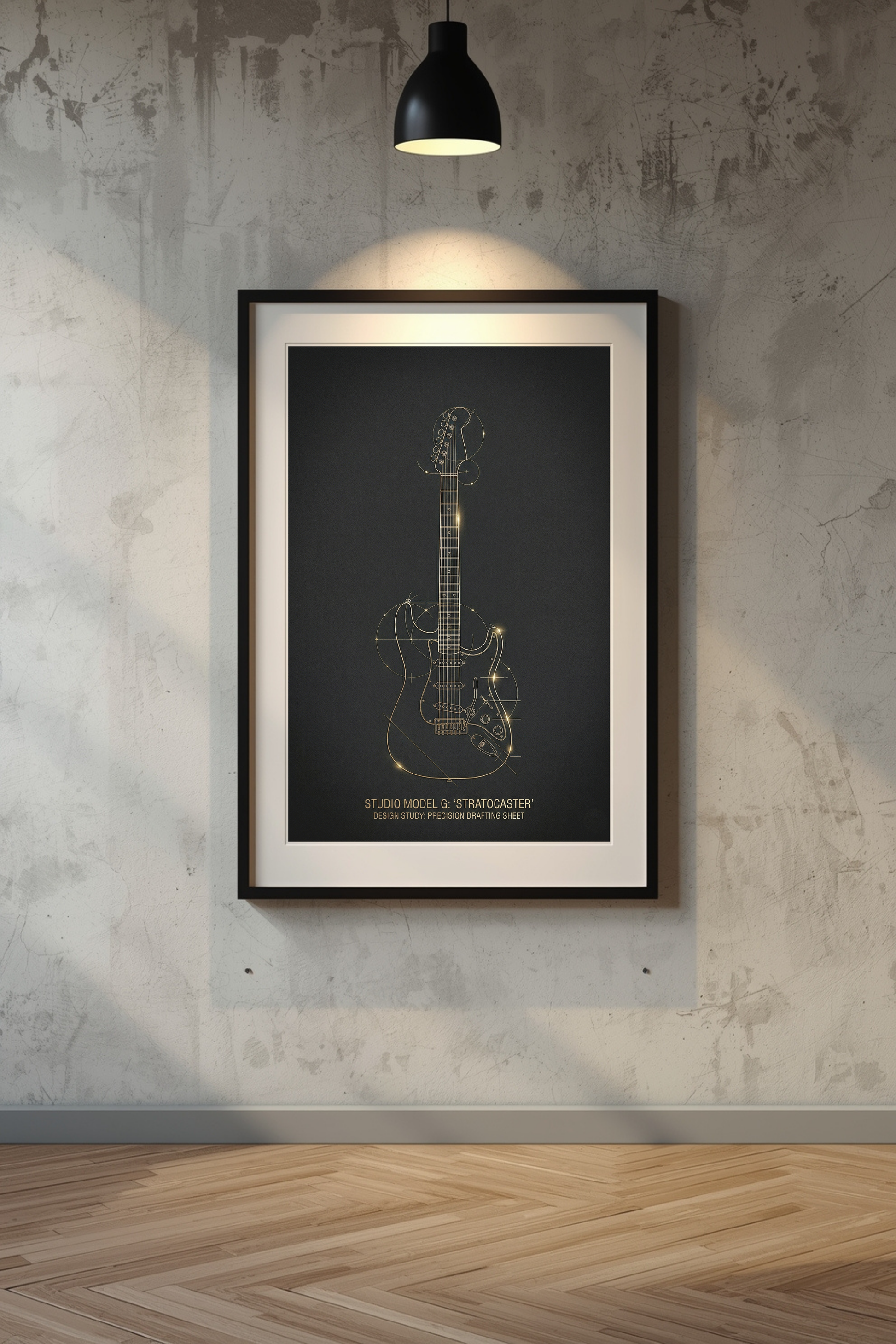 Framed stratocaster guitar poster on a textured wall with a lamp above