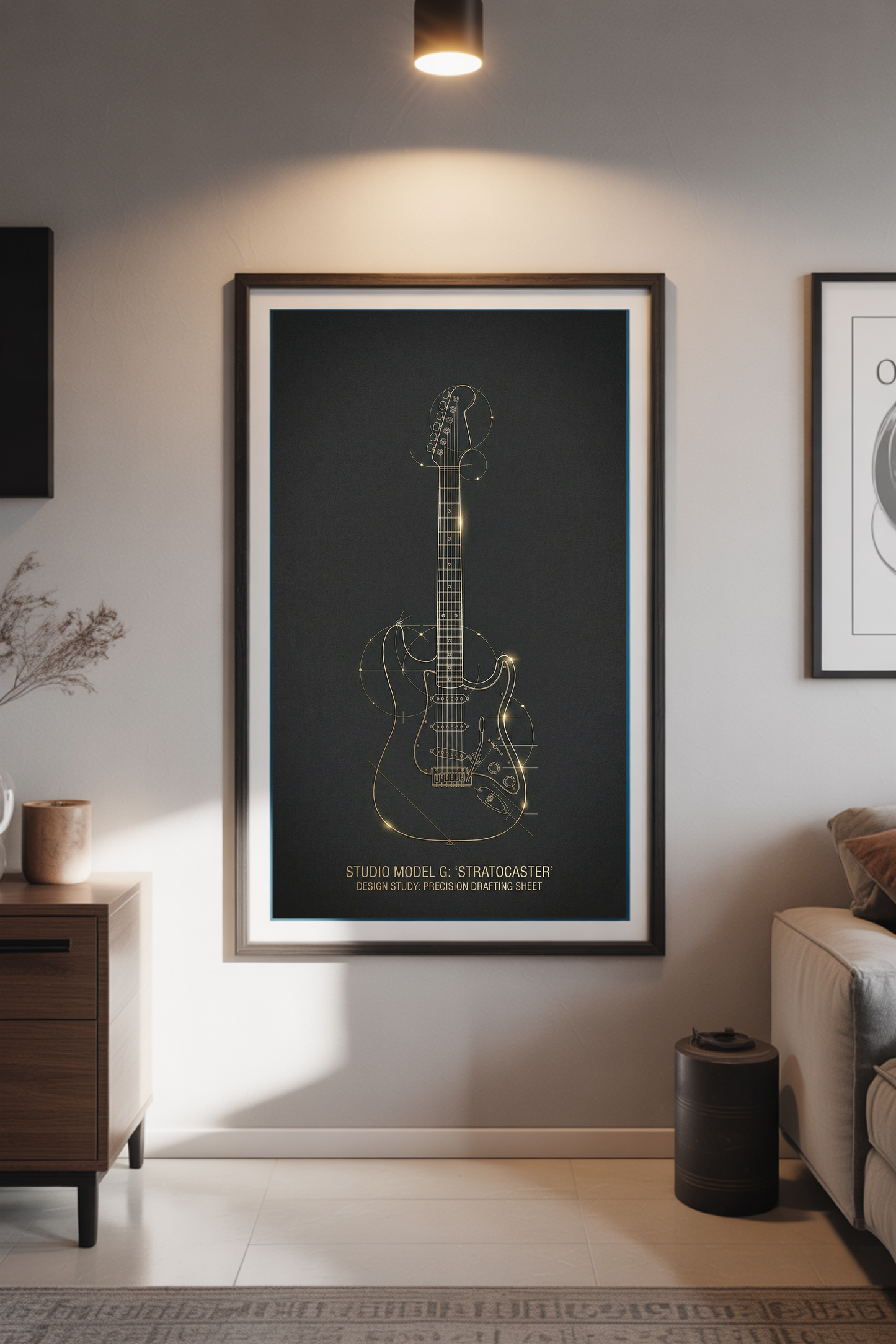 Framed stratocaster guitar poster on a wall in a living room setting